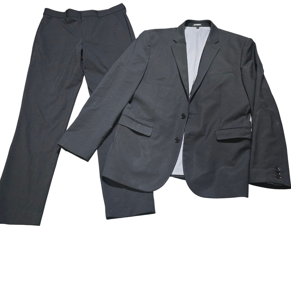 Express Suit Set Mens jacket 42R pants 30x32 Black Slim Wool Blend